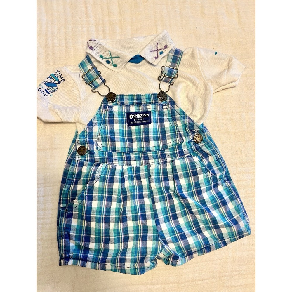 Vtg Oshkosh B'Gosh Baby Shorts Overalls Sz 6/9 Months Polo Shirt Golf  USA